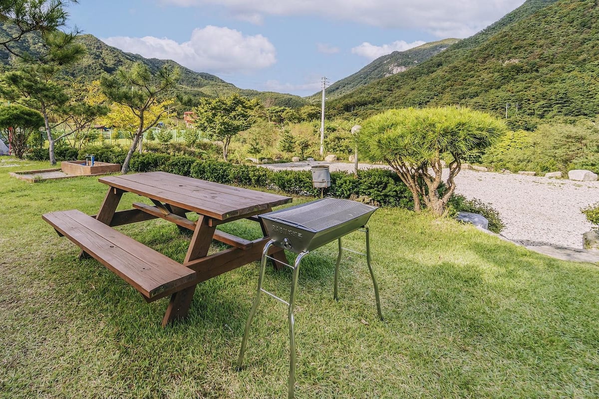 A picnic table with a grill in a grassy area with mountains in the background.
