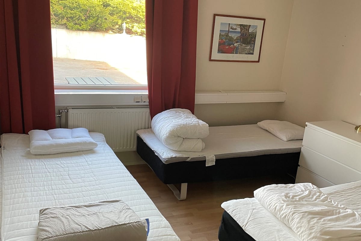 Una habitación con dos camas individuales, una ventana con cortinas rojas, un radiador y un cuadro en la pared.