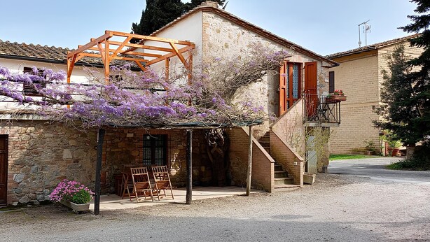 Un edificio rustico in pietra con una pergola in legno ricoperta di fiori viola, una porta in legno e una scala che conduce a un balcone.