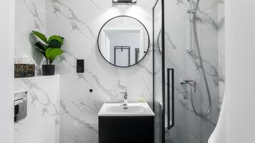 Shower, hair dryer, towels, soap