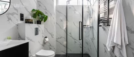 Shower, hair dryer, towels, soap
