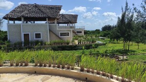 Um edifício moderno com telhado de palha, rodeado por um jardim bem cuidado com grama e árvores.