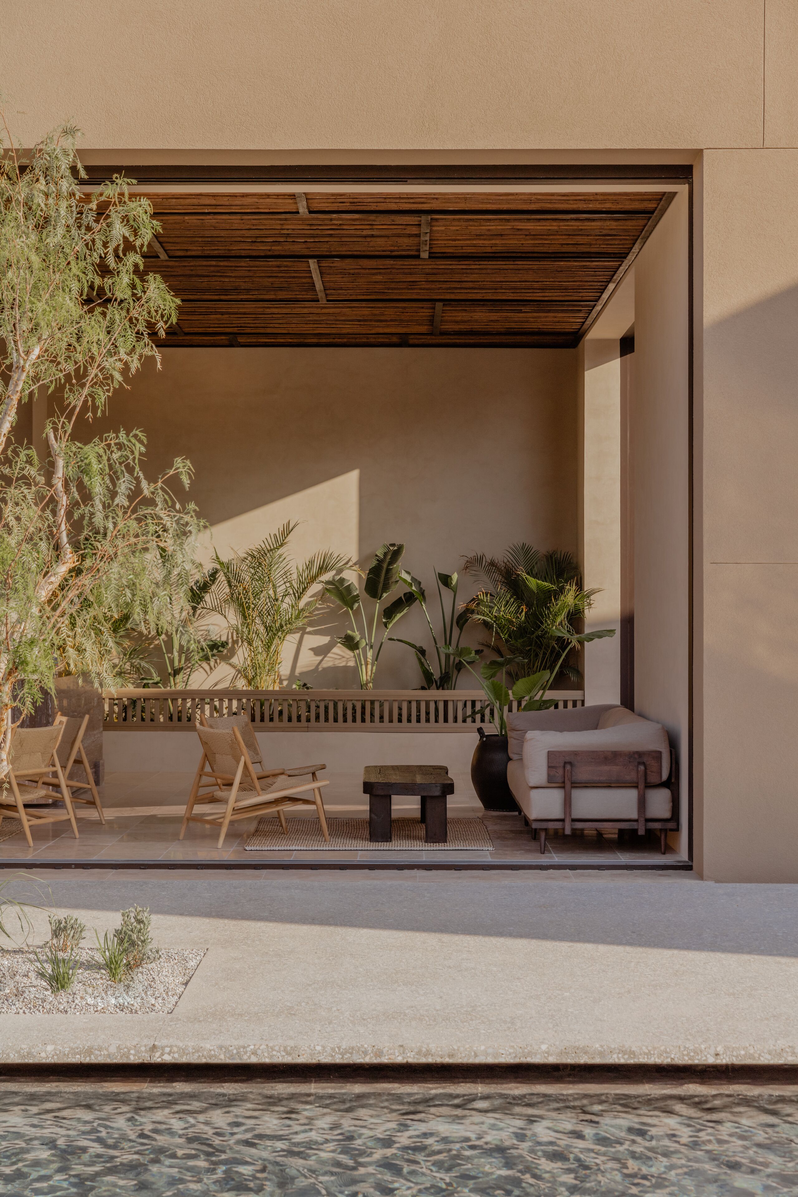 A modern outdoor seating area with wooden chairs and a sofa, surrounded by various plants and a decorative wall.