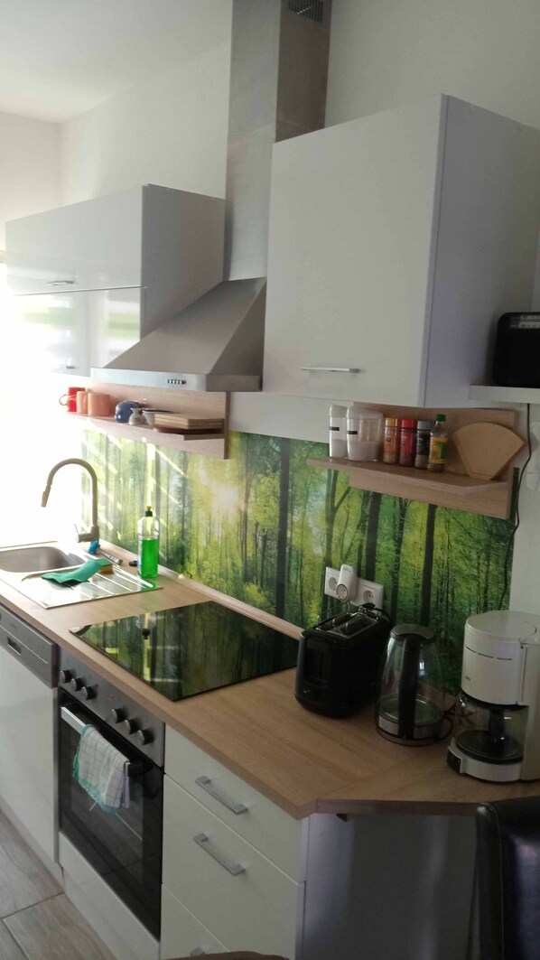 Una cocina moderna con estufa integrada, lavaplatos y cafetera.