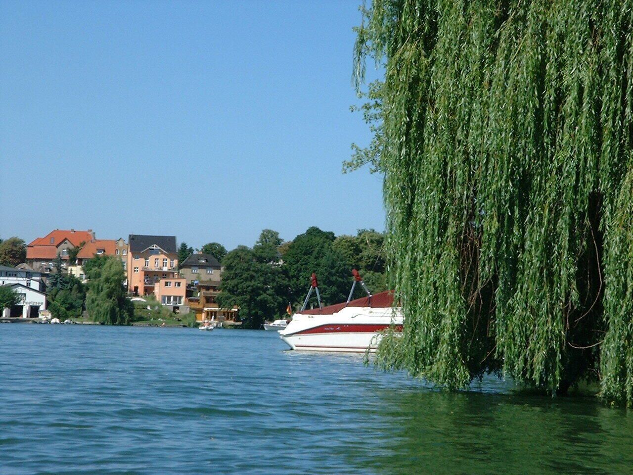 A waterfront scene with a boat docked near buildings and a weeping willow overhanging the water.