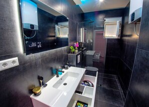 Shower, hair dryer, bathrobes, towels