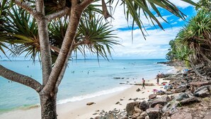 A beach with rocky terrain, palm trees, and a clear view of the ocean.