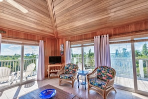 Una stanza con rivestimento in legno, una TV, poltrone in vimini, un tavolo e vista sul verde.