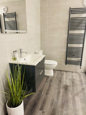 Bathtub, hair dryer, towels, soap
