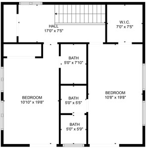 Plano de planta que muestra un pasillo de 5,2 metros por 2,3 metros, un dormitorio de 3,4 metros por 6,1 metros, otro dormitorio de 3,2 metros por 6,1 metros, y dos baños de 1,5 metros por 2,4 metros y 1,5 metros por 1,7 metros.