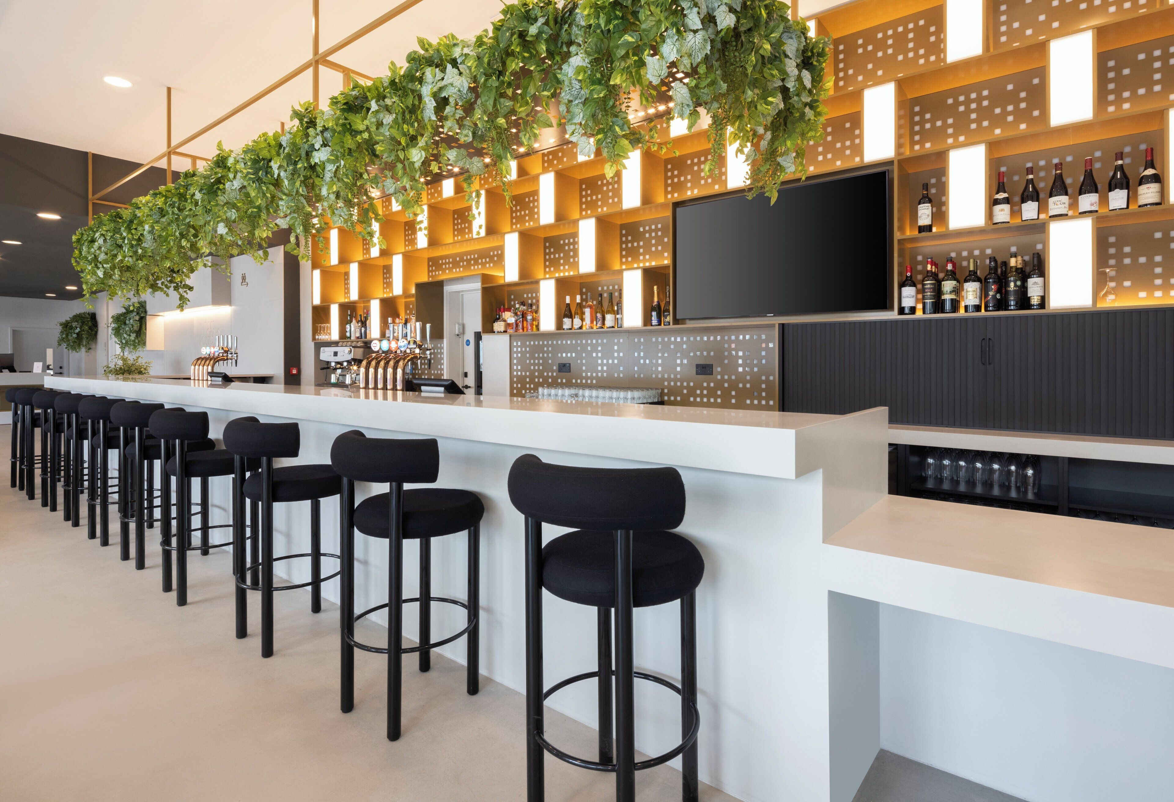 Een moderne bar met een lange toonbank, meerdere barkrukken, een televisie en een wijnrek.