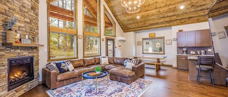 Smart TV, fireplace, foosball, books