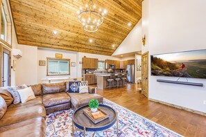 Smart TV, fireplace, table football, books