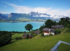 Ein Dorf am Seeufer mit Häusern, einem markanten Baum und Bergen im Hintergrund.