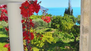 A window with a view of a garden and the sea. - House Lemoni, Apartment B - Pelekas, Corfu (Corfu)