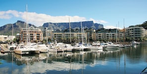 Un port de plaisance où sont amarrés de nombreux bateaux, une montagne en arrière-plan et des bâtiments dotés de balcons.