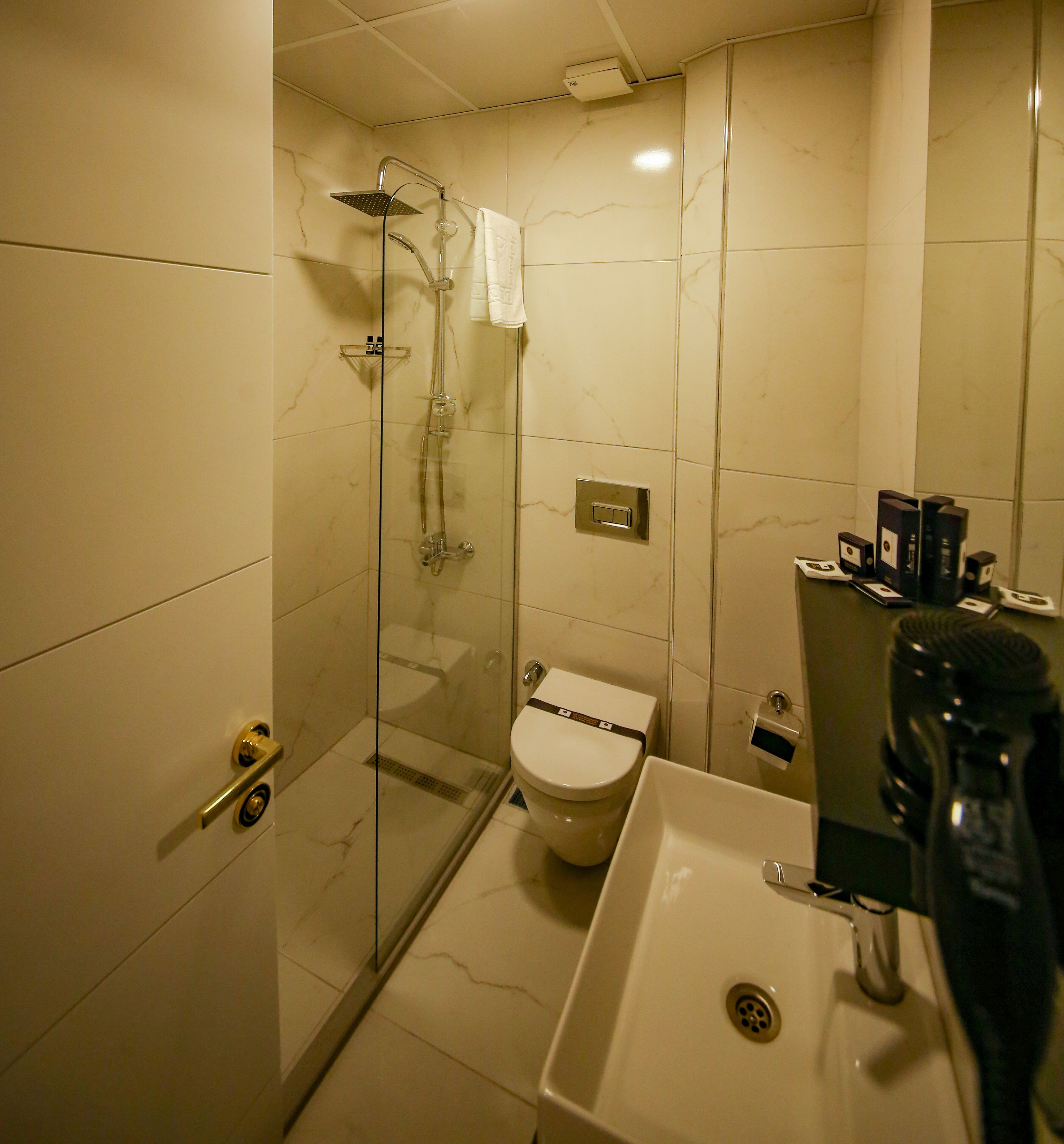 A bathroom with a glass-enclosed shower, a toilet, and a sink with a mirror above it.