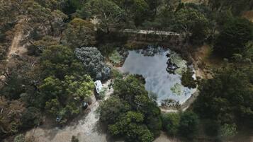 An aerial view of a natural landscape with a pond surrounded by dense trees, a dirt path, and a small white building.