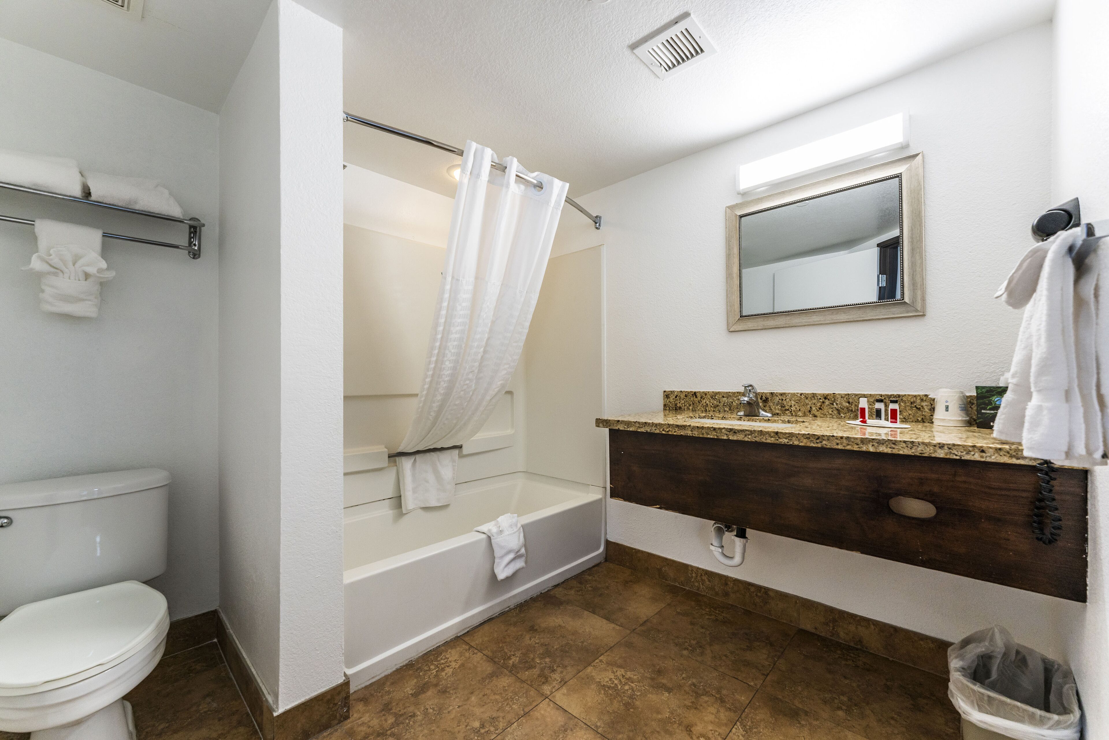 A bathroom with a toilet, bathtub, shower curtain, vanity with a mirror, and a trash can.