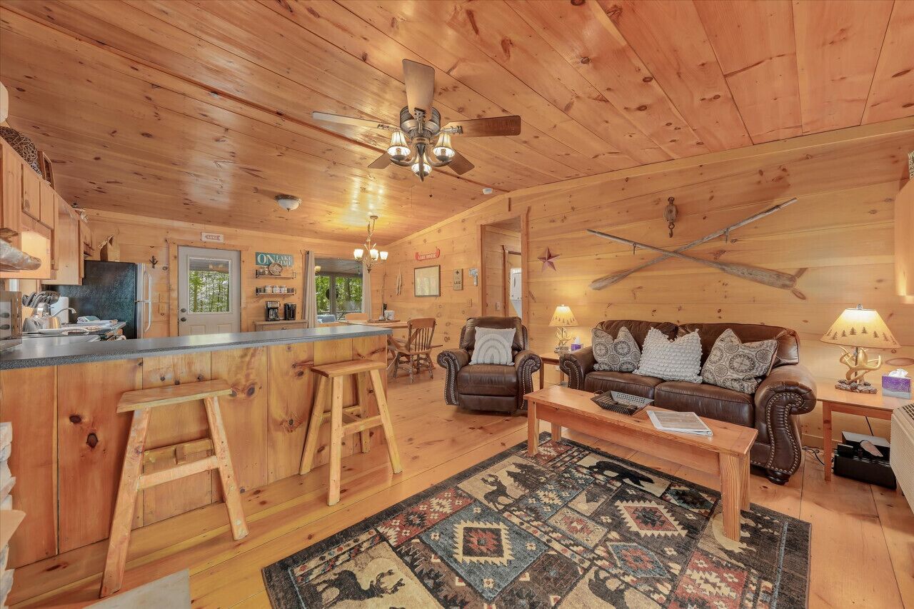 Smart TV, fireplace, books, stereo