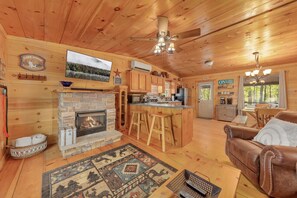 Smart TV, chimenea, libros y estéreo
