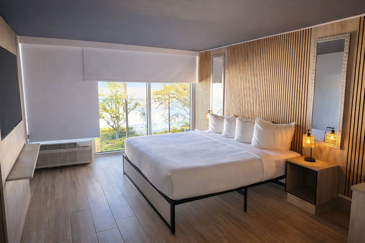 A modern bedroom with a large bed, a bedside table with a lamp, a mirror, and a view of greenery outside.