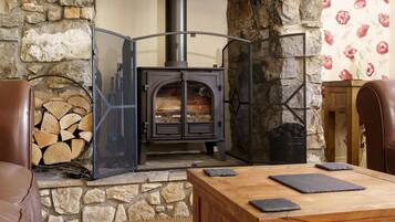 A stone fireplace with a metal screen, a wooden table with slate coasters, and a chair.