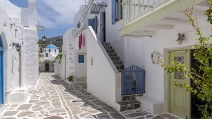 A narrow cobblestone street flanked by white buildings with blue accents, a staircase, and a green door. - Traditional stonebuilt house (Paros)