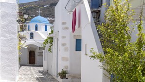 A narrow stone-paved street flanked by white buildings with blue accents, leading to a blue-domed church. - Traditional stonebuilt house (Paros)