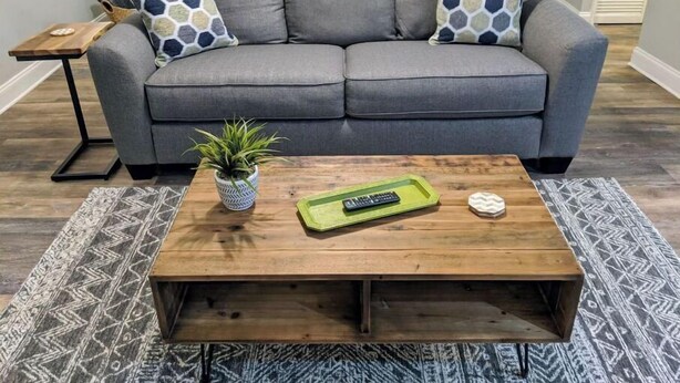 Ein graues Sofa mit gemusterten Kissen, ein Couchtisch aus Holz mit Pflanze und Fernbedienung und ein gemusterter Teppich.