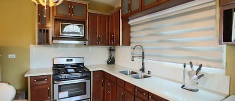 Mikrowelle, Ofen, Herdplatte, Wasserkocher mit Kaffee-/Teezubehör