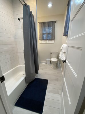 Combined shower/tub, hair dryer, towels, soap