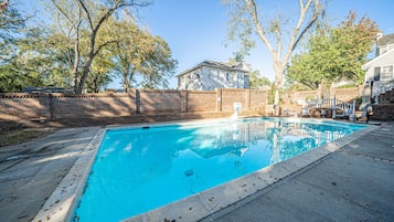 Outdoor pool, pool umbrellas, pool loungers