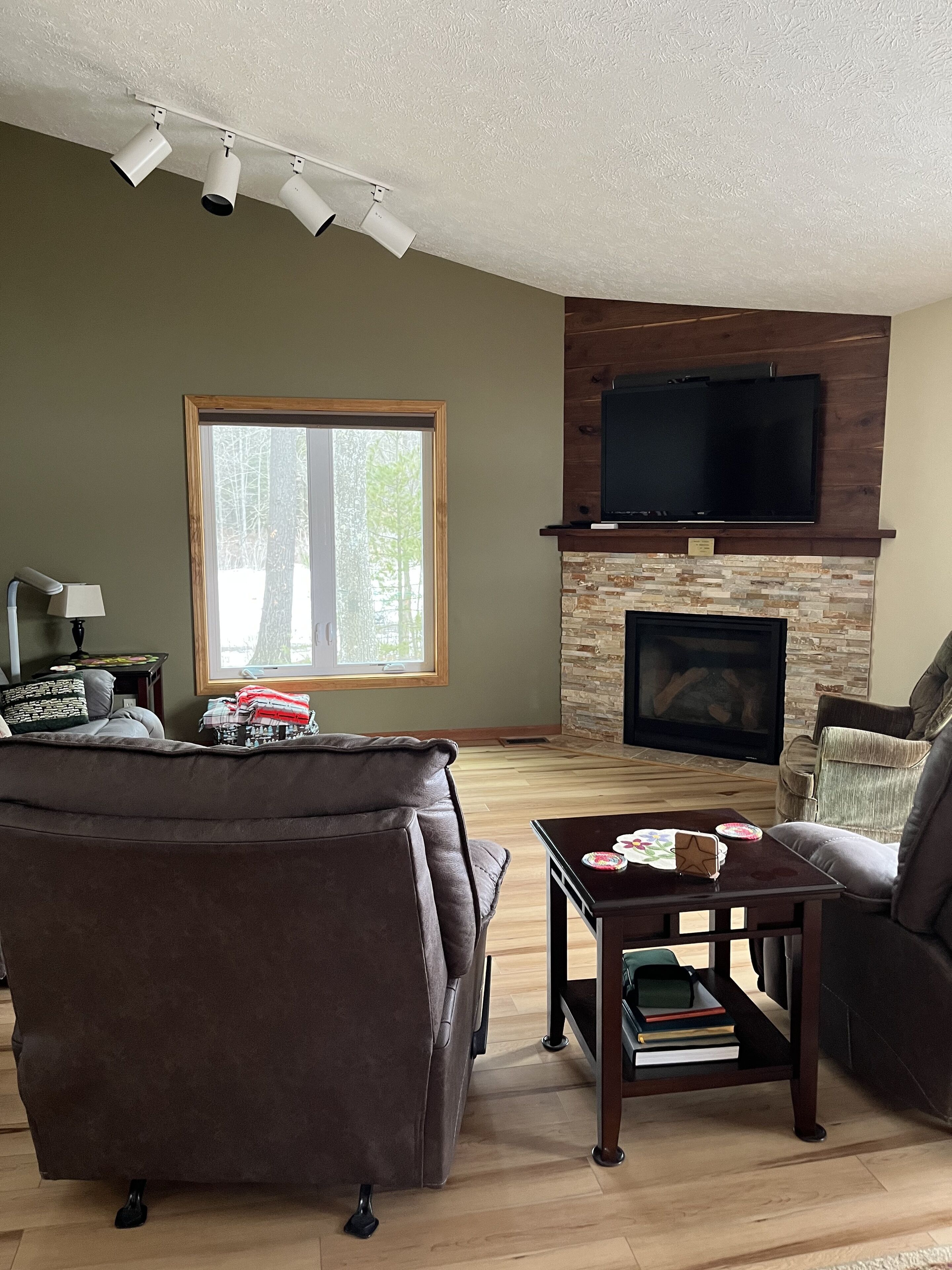 Télévision, cheminée, lecteur de DVD, médiathèque