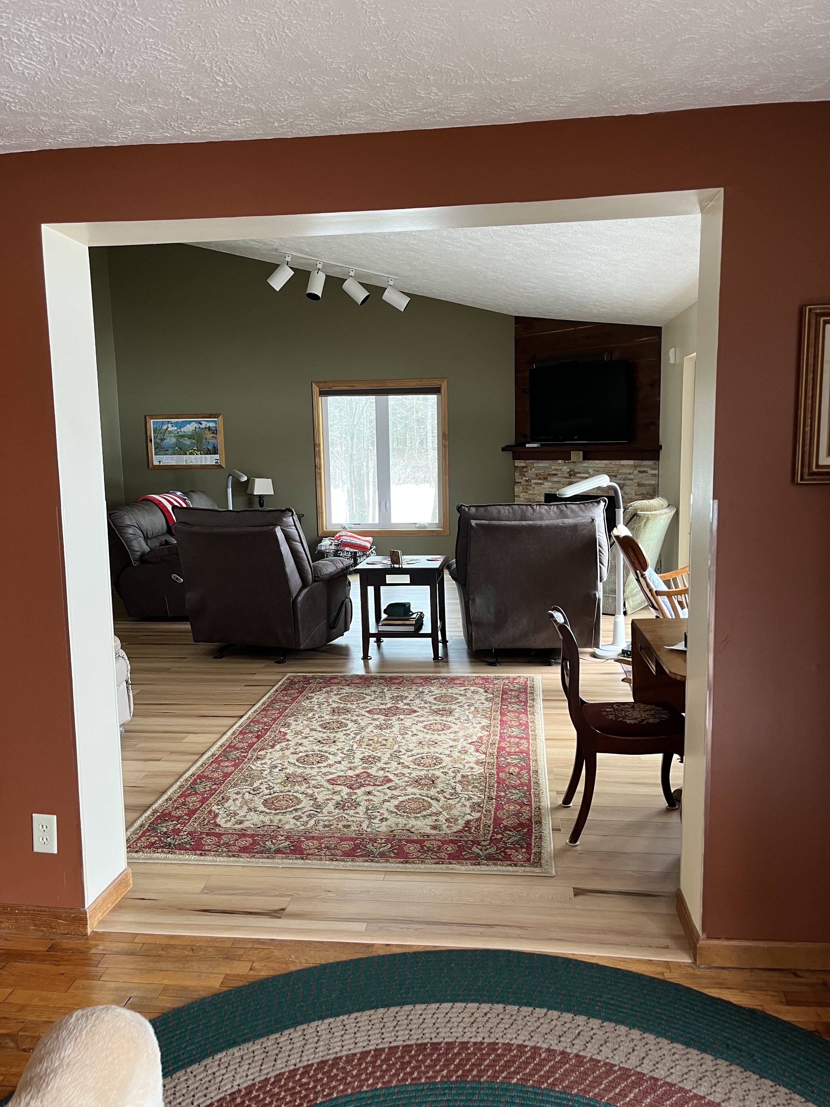 Télévision, cheminée, lecteur de DVD, médiathèque