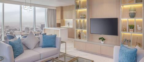 A modern living room with a sofa, coffee table, and TV. There are shelves with decorative items and a city view through large windows.