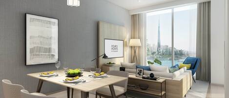 A modern living room with a dining area, a sofa set, and a view of a cityscape.