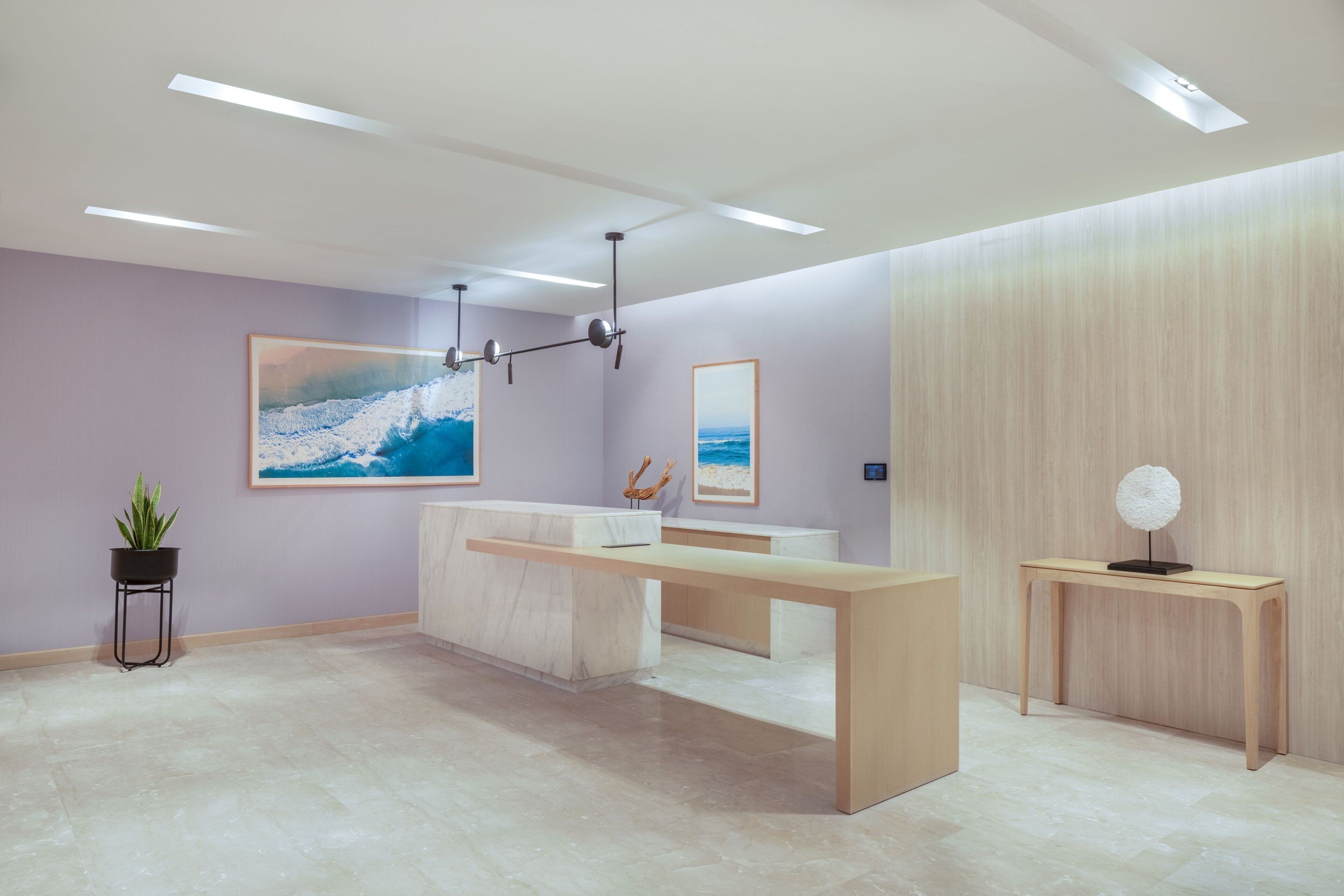 A reception area with a marble reception desk, a wooden console table, and a potted plant.