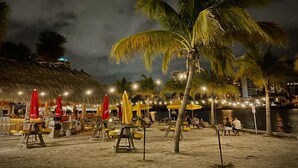 A beachside area with thatched-roof structures, palm trees, and outdoor seating under string lights.