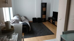 Ein gemütlicher, kleiner Wohnraum mit Bett, kleinem Fernseher, dunklem Teppich und einer Küchenzeile.