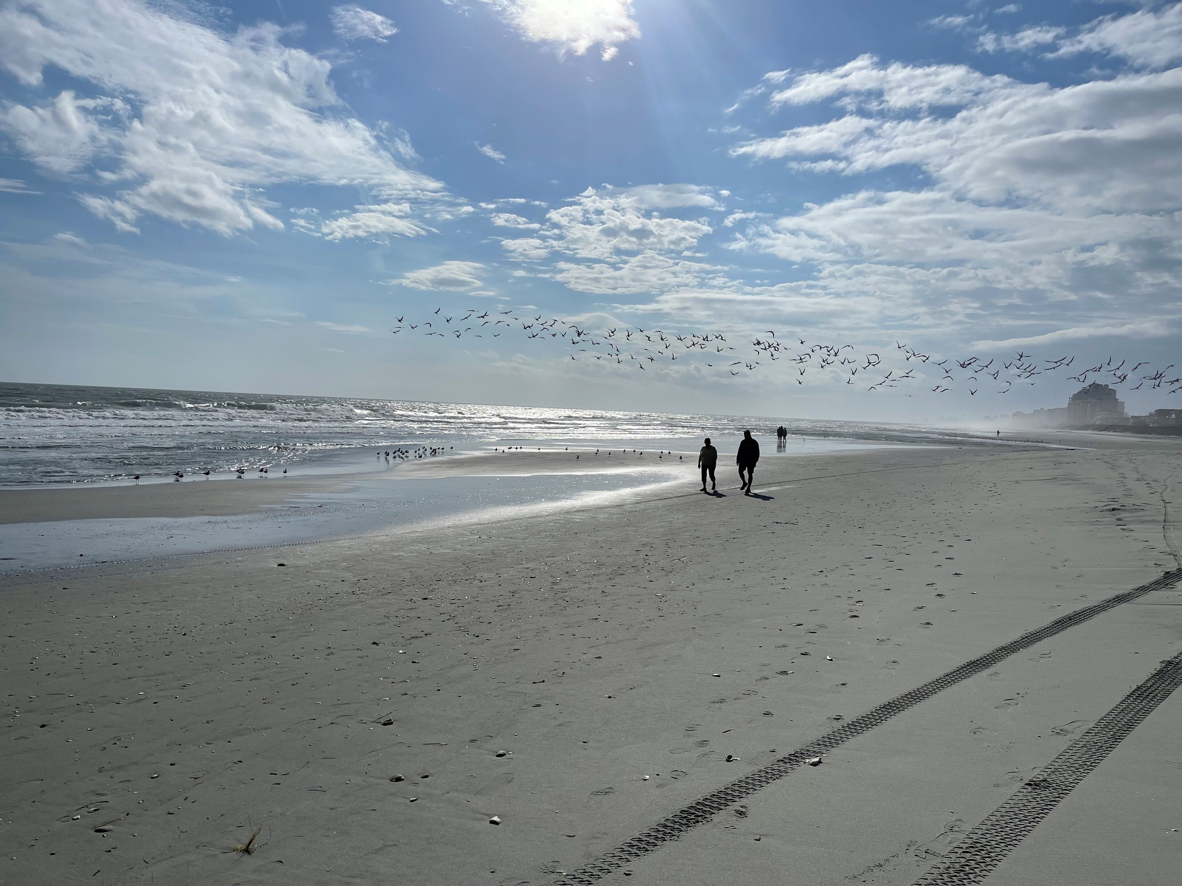 A wide beach with footprints and tire tracks, a few people walking, and birds flying in the sky.