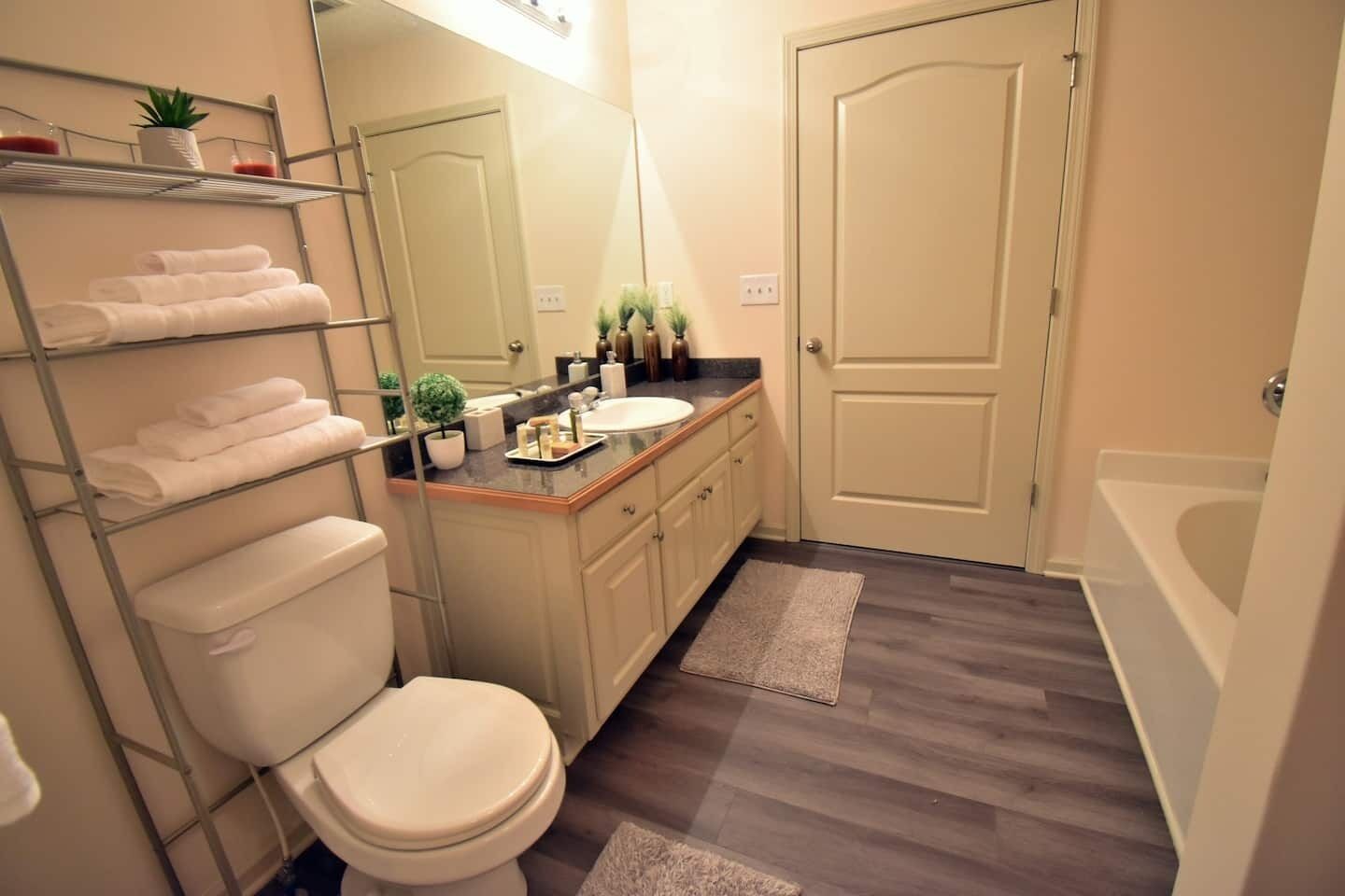 Combined shower/bathtub, hair dryer, towels, soap
