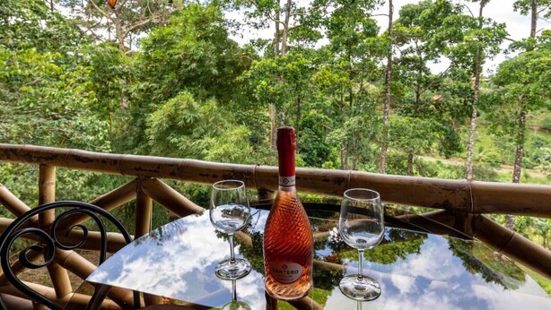 Une table en verre avec une bouteille et deux verres, entourée de barrières en bambou et d’une végétation luxuriante.