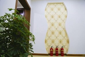 A wall with a decorative pattern and three fire extinguishers. - Kaiyuanbinguan (Wuhu)