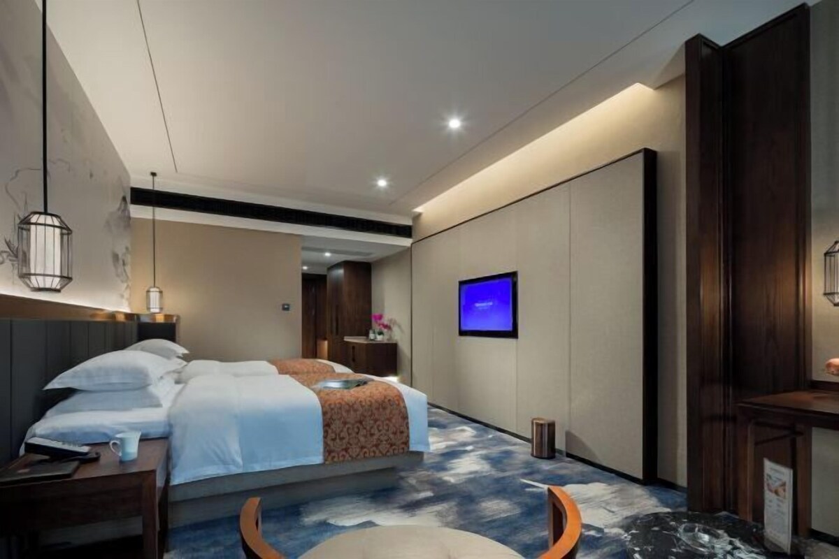 Une chambre d’hôtel moderne avec un grand lit, un téléviseur fixé au mur et un tapis au motif bleu original.