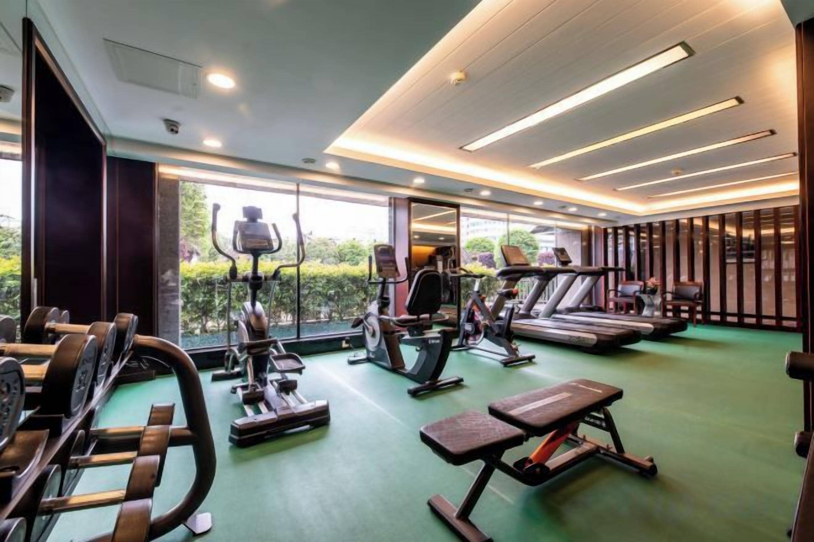 A gym with exercise equipment, a treadmill, and a green floor.