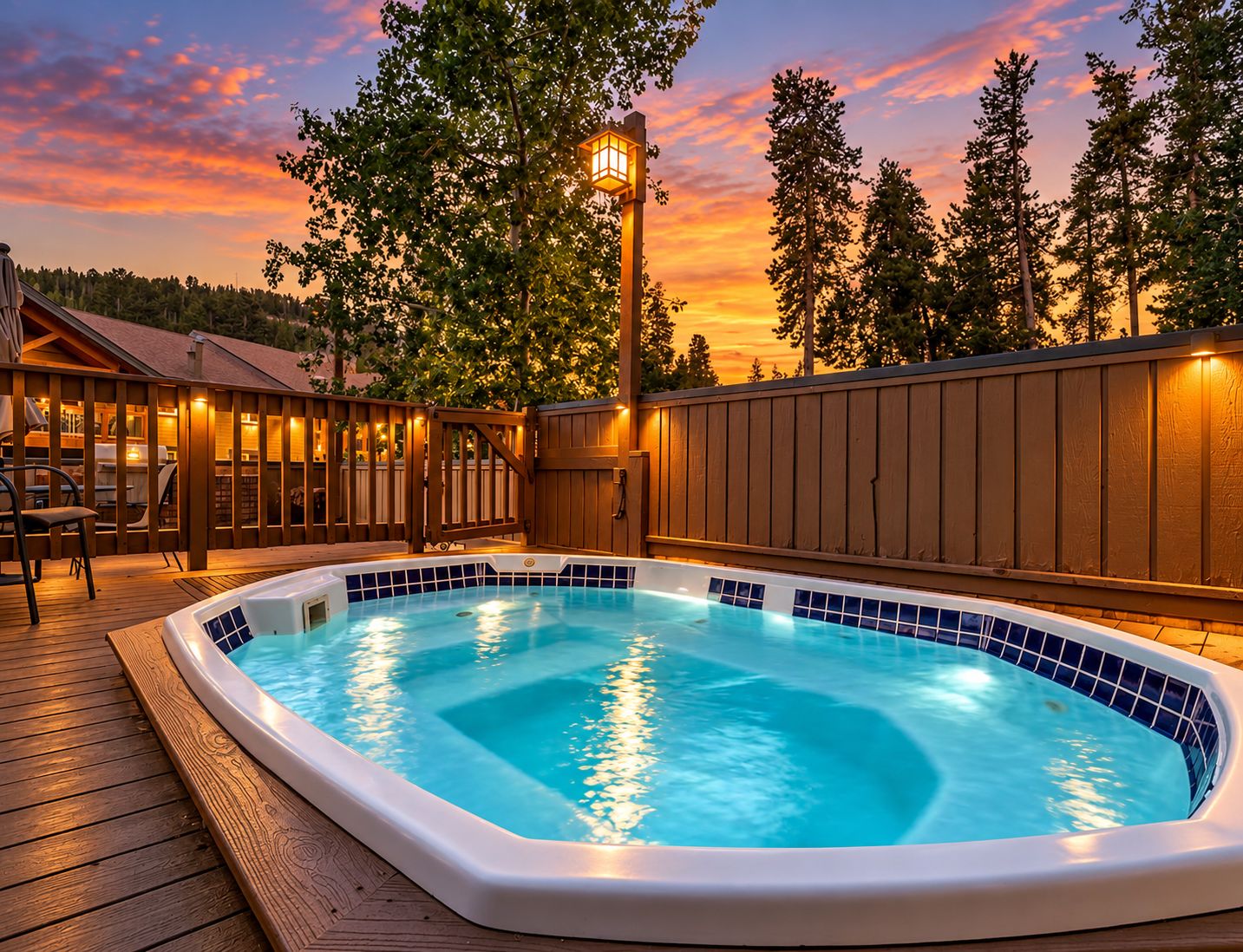 Een hottub omringd door een houten terras, met een hek en bomen op de achtergrond.