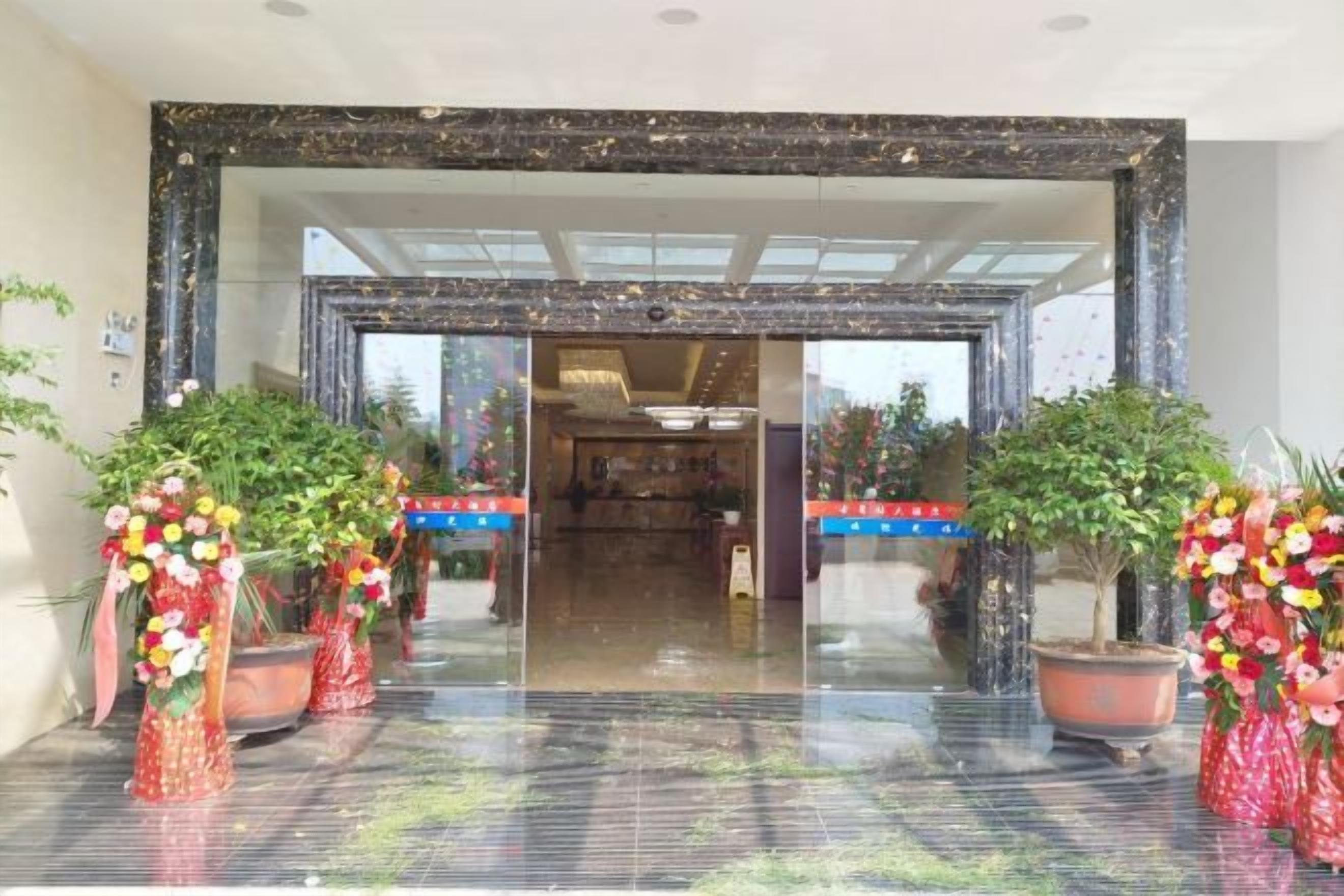 A hotel entrance with a glass door, potted plants, and a blue-striped wall.