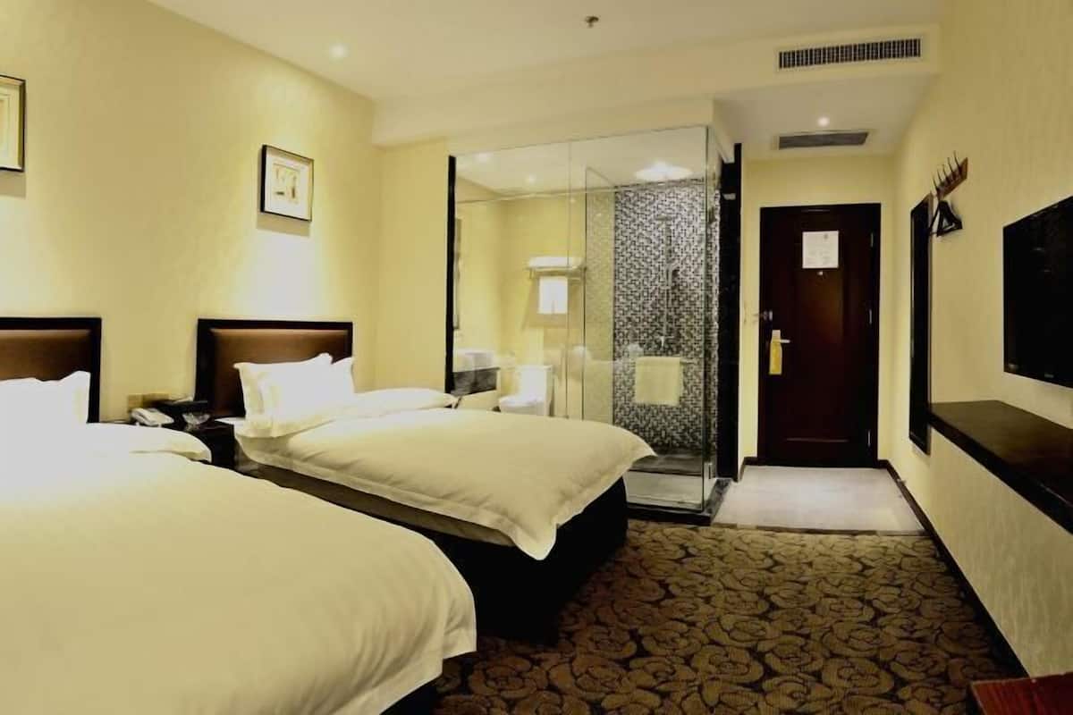 A hotel room with two beds, a shower, a TV, and a patterned carpet.