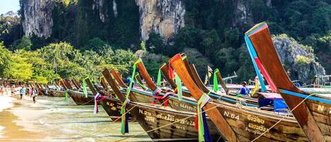 A row of traditional wooden boats lined up on a beach with a mountainous backdrop.